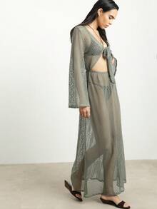 KSTM Vestido largo tipo cubre con mangas largas acampanadas y detalle de lazo en la espalda, de malla de ganchillo y ojales en color verde salvia - Verde - Ver 6