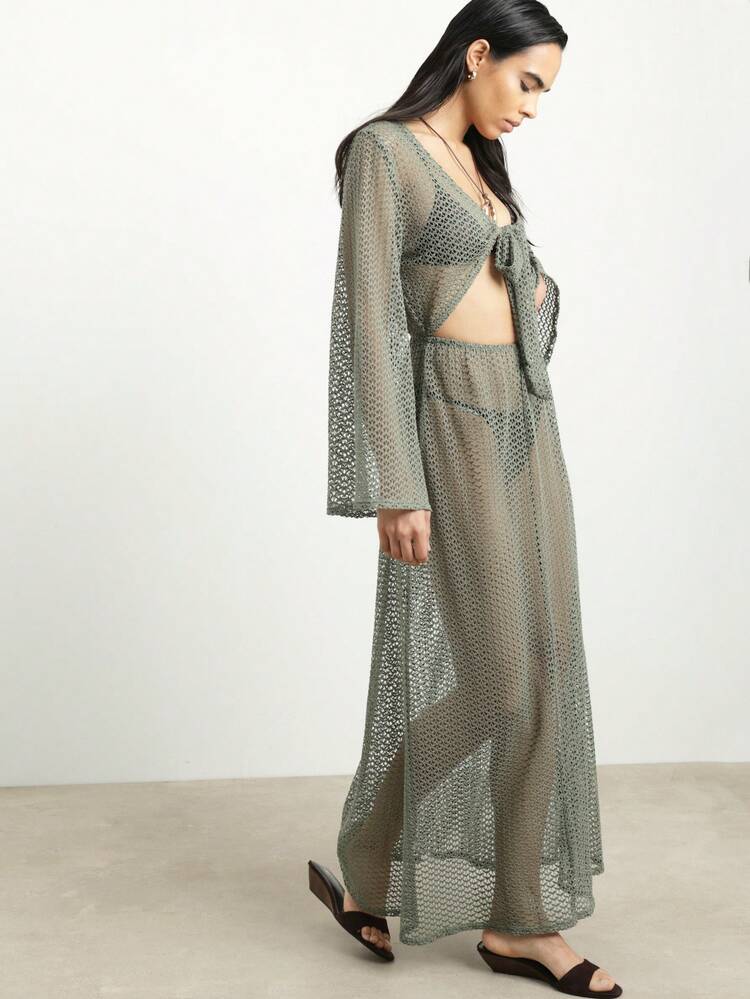 KSTM Sage Green Eyelet Mesh Crochet Maxi Dress Cover Up With Long Flared Sleeves And Tie Back Detail