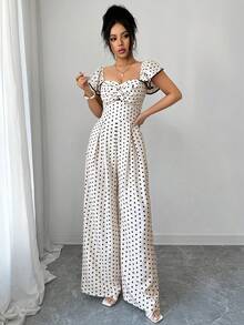 INAWLY Women's Fashionable Elegant Polka Dot Print Off-Shoulder Jumpsuit - Apricot - View 3