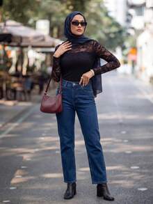 Calvaya Women's Elegant Lace Sheer Sexy Long Sleeve Fitted T-Shirt - Black - View 3