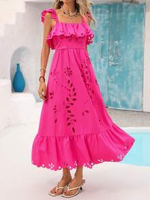 Vivid Eden 女士镂空荷叶边连衣裙，时尚度假之选 - 藍色 - 查看 4