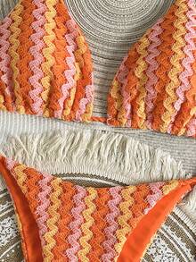 Swim Vcay Women's 2-Piece Summer Beach Swimwear, Textured Hollow-Out Knit Fabric, Rope Halter Top & Rope Tie Side Bottoms Bikini Set - Burnt Orange - View 5