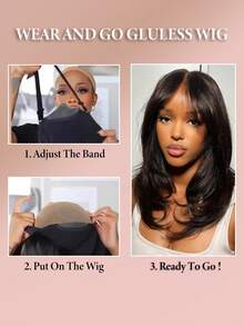 ALL READY WIG 7x5 Designer Layered Glueless Wear&Go Curtain Bangs Natural Wave Wig, 100% Human Hair Wear And Go Pre Cut Pre Plucked Glueless Closure Wig Layered With Curtain Bang Natural Black, 180% Density, 16-22 INCH, Pull & Go Real Human Hair Wigs For Women Pre-Plucked Hairline - SNatural - View 4