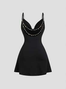Sweetra Women's Sexy Chain Decor Backless Camisole Mini Dress, Summer - Black - View 1