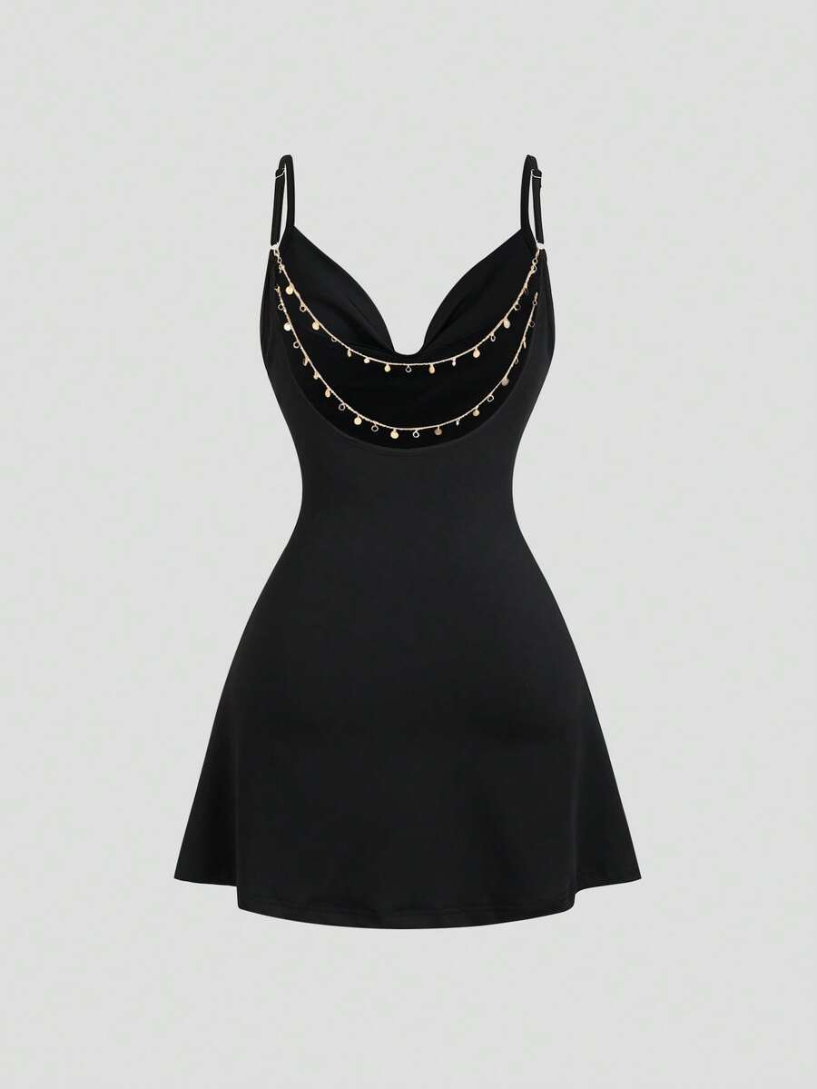 Sweetra Women's Sexy Chain Decor Backless Camisole Mini Dress, Summer - Black - View 1