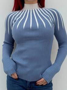 Bearsaez Casual Contrast Stripe Stand Collar Slim Fit Sweater, Autumn/Winter - Dusty Blue - View 5