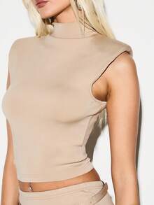KIZN Beige High Neck Sleeveless Crop Top With Bodycon Fit For Casual Summer Wear - Apricot - View 5