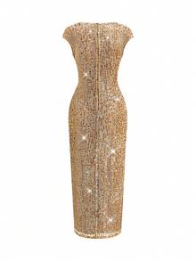 Ellevyn 女士优雅派对宴会圆领缀饰钩珠连衣裙 - 棕色 - 查看 2