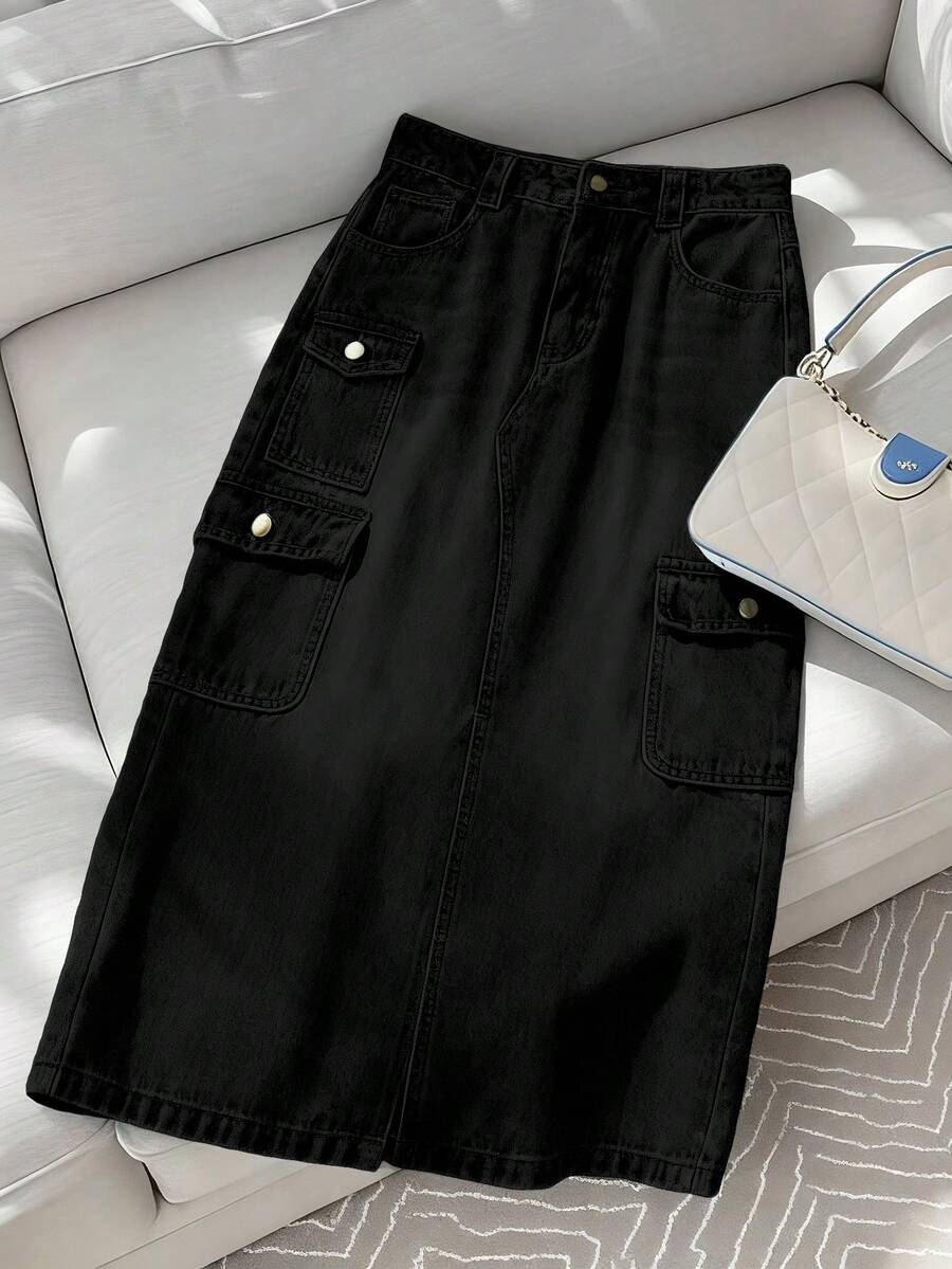 GlowEve Women's Casual Washed Denim Cargo Mini Skirt - Black - View 1