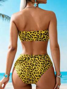 SHEIN Swim 2025 Women's Fashionable Sexy Leopard Print Bandeau Bikini Set - Yellow - View 2
