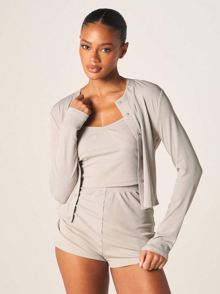 MISSGUIDED Ribbed Cardigan And Shorts Two Piece Lounge Set With Button Front Long Sleeve Crop Top