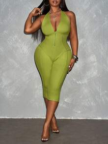 Slaydiva Bộ jumpsuit nữ cỡ lớn màu xanh bơ mới, không tay, cổ yếm buộc dây, cổ chữ V sâu, thiết kế khoét một phần, chất liệu vải dệt kim co giãn cao, dành cho mùa xuân/hè. - màu xanh lá - Xem 5