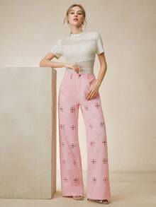 Anewsta 新款时尚镂空刺绣女士粉色直筒牛仔裤 - 粉色 - 查看 7