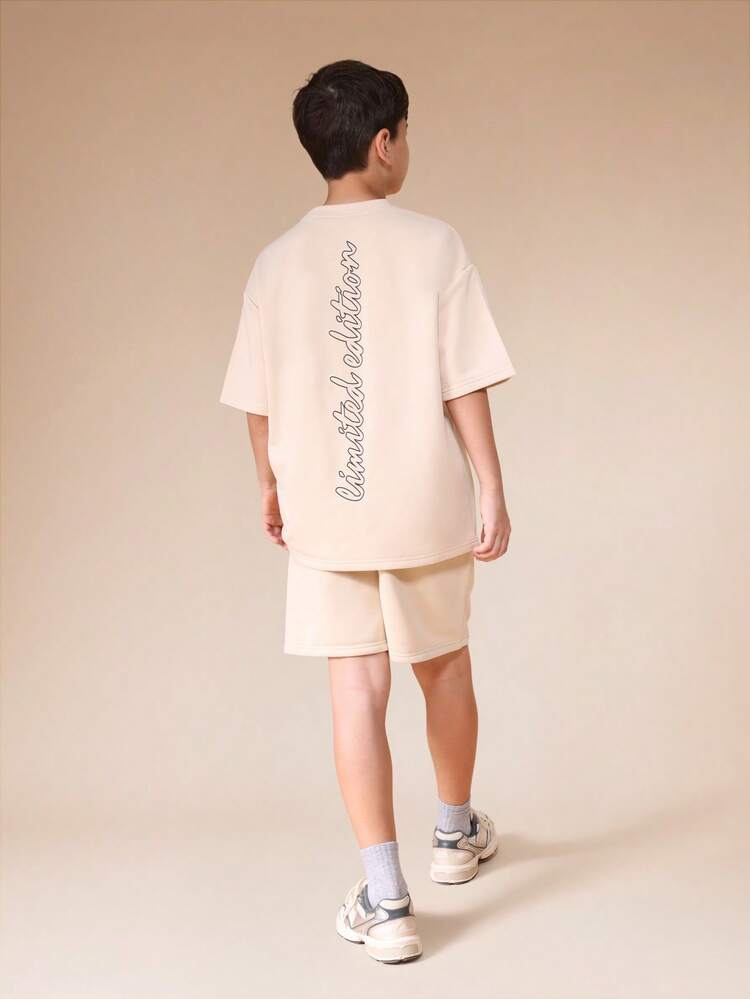 Boys Crew Neck Short Sleeve T-Shirt And Shorts Coordinating Set With Cursive Script Print Casual Summer Matching Outfit