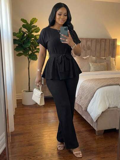 SHEIN Lady Plus Size Elegant Commuter Solid Color Shirt And Pants 2 Pieces Set, Summer Outfits Black Two Piece Set Women Modest Two Piece Set Comfortable Two Piece Set