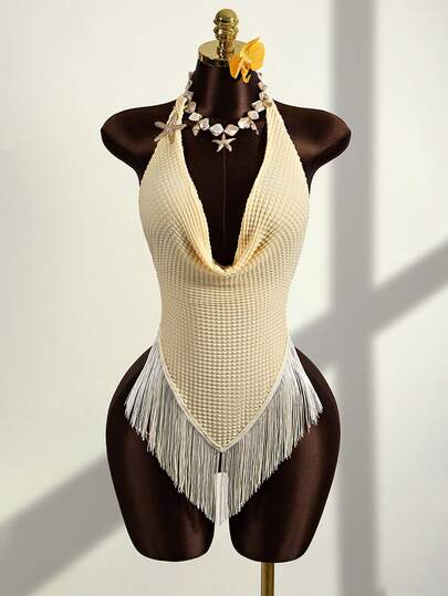 Zestiva 2026 Hot Selling 1pc Women's Chiffon Swimsuit Cover Up, Sweet Vacation Mature Fashionable Retro Romantic Elegant, Metal Starfish Decor, Plunging Neckline Design, High-Quality Apricot Fabric, Bohemian Beach Club Style, Spring/Summer