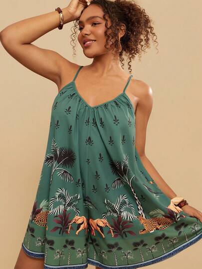 Travachic Mono de talla grande con estampado retro, pantalones cortos de vacaciones con escote en V profundo, espalda descubierta y tirantes con lazo, patrón retro colorido, nuevo