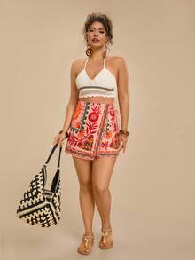 Travachic Quần short đi biển phong cách Bohemian cỡ lớn, thoải mái, có dây buộc và viền bèo nhún dành cho nữ. - Màu Hồng  San hô - Xem 3