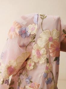 Anewsta Elegant Party Vintage Embroidered 3D Floral Fitted Waist Long Sleeve Dress, Bodycon Mermaid Hem - Pink - View 7