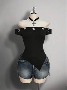 SHEIN ICON Plus Size Off-Shoulder Metal Grommet Decor Knit Short Sleeve Top, Autumn Y2K Retro Fashion Knit Blouse - Black - View 3