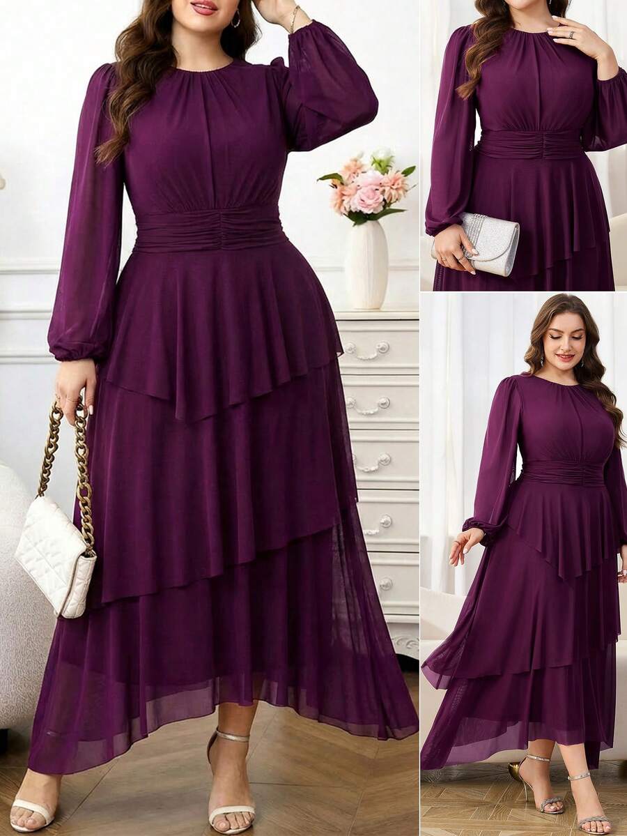 Reflora 大码优雅纯色褶皱腰灯笼袖连衣裙，秋季 - 紫色 - 查看 1