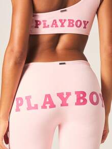 Missguided x Playboy Light Pink One Shoulder Asymmetric Crop Top And High Rise Flared Leggings Set With Print - Pink - View 4
