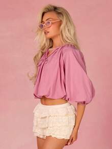 Athîral Women's Casual Vacation 7/8 Sleeve Woven Raglan Sleeve Pink Blouse, Spring/Summer - Pink - View 6