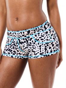 BABYPHAT Women's Leopard Print Bikini Bottom Swim Shorts With Contrast Stitching Blue Accents Summer Beach Vacation Swimwear - Apricot - View 6