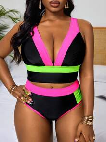 Slaydiva Plus Size Women's Simple Splice Thick Strap Swimwear Set, Suitable For Beach Vacation, Spring/Summer - Multicolor - View 4