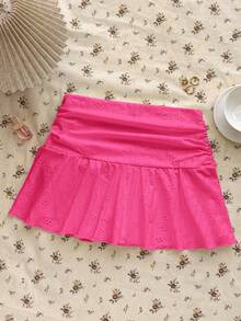 少女款玫红色针织休闲镂空褶皱A字迷你裙，夏季百搭 - 玫紅色 - 查看 2