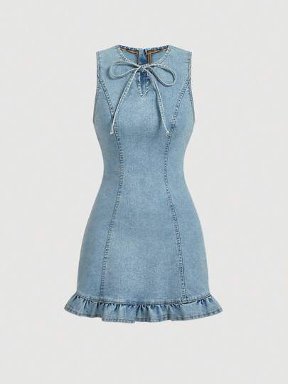 SHEIN MOD Women's Solid Color Minimalist Sleeveless Denim Dress, Casual Daily Wear
