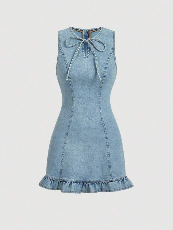 SHEIN MOD Women's Solid Color Minimalist Sleeveless Denim Dress, Casual Daily Wear