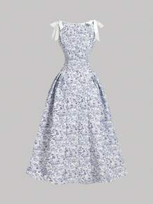 SHEIN MOD Đầm không tay cổ tròn, viền tương phản, điểm nhấn nơ - Xanh và trắng - Xem 5