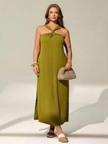 Auralis 大码女式纯色吊带休闲派对连衣裙 - 綠色 - 查看 3