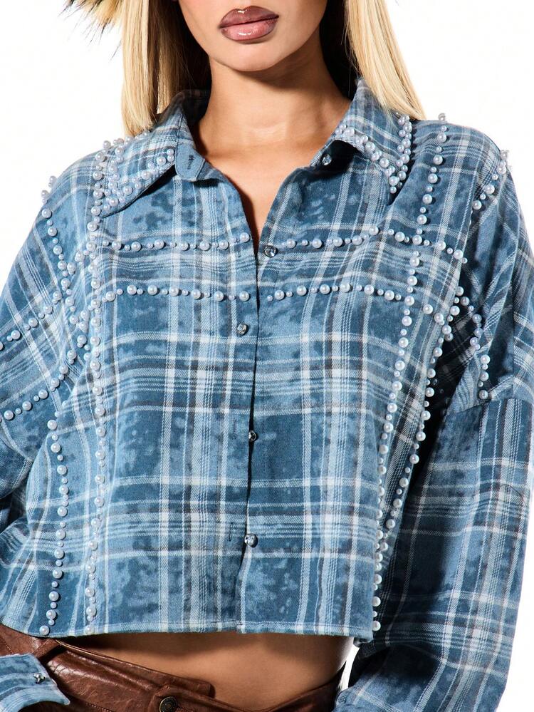 SUMWON WOMEN Rhinestone Pearl Trim Checked Cropped Shirt