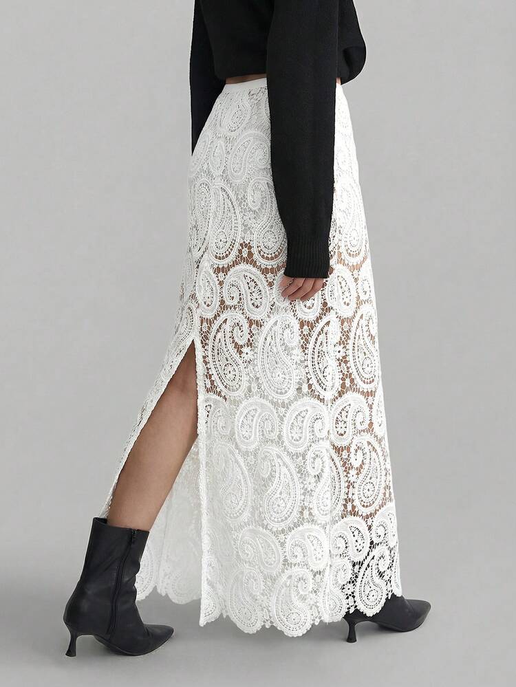 Women's White Elegant Summer Lace Maxi Skirt,Hollow-Out Crochet Fabric Loose Fit Long Skirts For Tea Party,Sophisticated Urban Casual Business Fashion