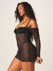 MISSGUIDED 性感黑色蕾丝露肩内衣套装，镂空设计，长袖款式，适合私密场合 - 黑色 - 查看 4
