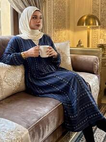 DAZY Retro Pattern All-Over Print Loose Women Nightgown - Navy Blue - View 4