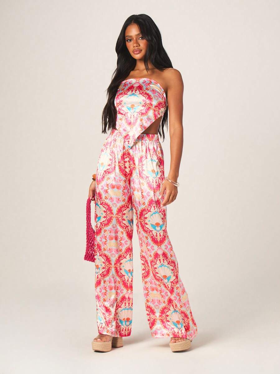 MISSGUIDED Bộ đồ hai mảnh không dây đeo vai, họa tiết hình học, gồm quần ống rộng bằng satin và áo quây. - Nhiều màu - Xem 1