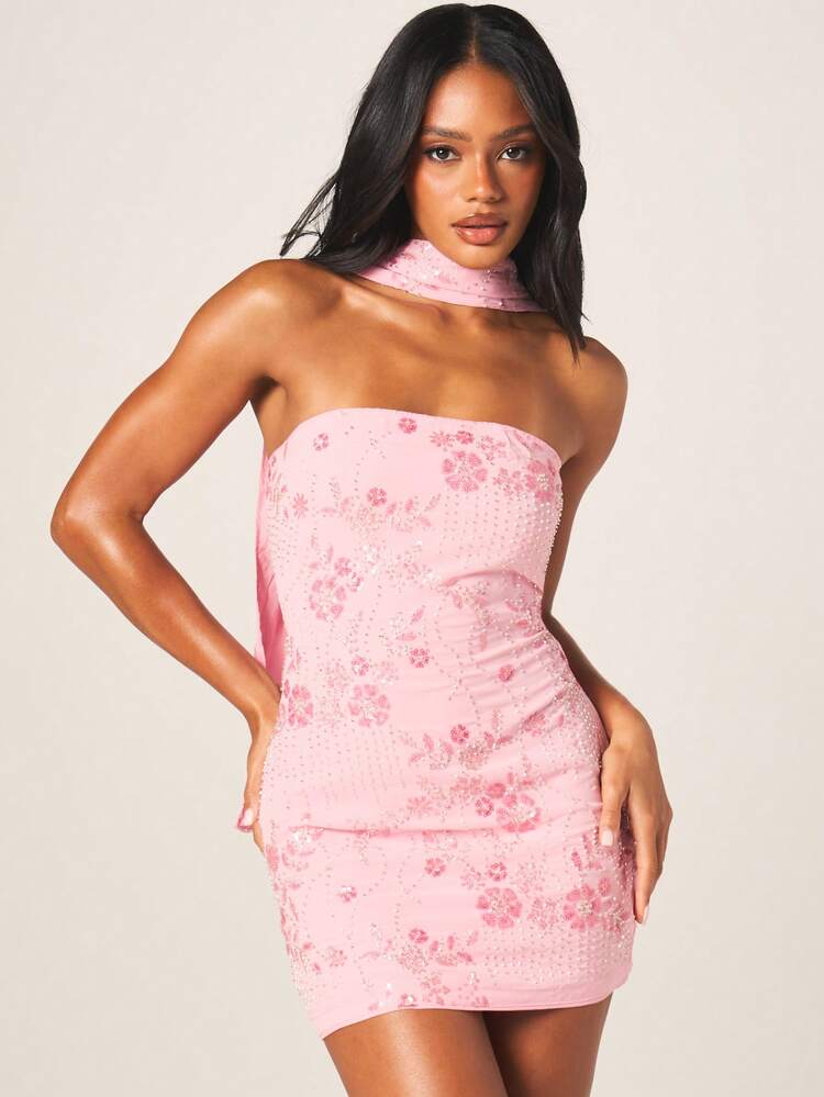 MISSGUIDED Sequin Mini Dress With Matching Scarf