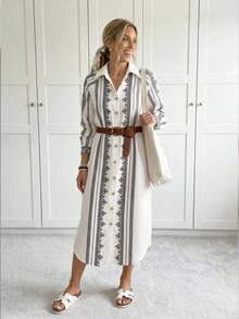 Easowa 女士几何印花单排扣休闲中长连衣裙，适合通勤、聚会、外出等场合。 - 米色 - 查看 5