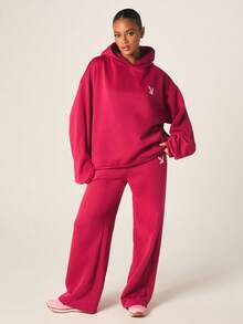 Missguided x Playboy Quần jogger ống rộng có dây rút dành cho nữ, in hình thỏ, dáng rộng thoải mái, cạp cao, thích hợp mặc ở nhà. - Màu Hoa hồng đỏ - Xem 2