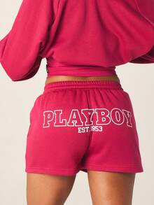 Missguided x Playboy 带刺绣Logo的抽绳腰带抓绒运动短裤，裤脚采用弹性设计 - 玫瑰紅 - 查看 2