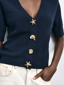 Maija Women's Metal Starfish Button Short Sleeve Casual Thin Cardigan - Navy Blue - View 5