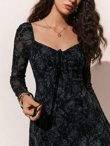 Poéselle Women's Casual Commuter All-Over Print Flare Sleeve Dress - Black - View 3