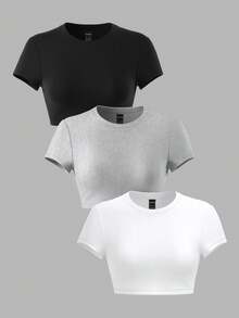 SHEIN PETITE 女士短袖修身T恤套装，黑色、白色和灰色 - 彩色 - 查看 13