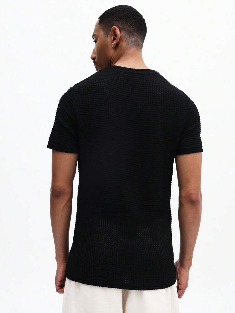 T-shirt à col ras-du-cou texturé à manches courtes pour hommes, coupe regular, noir, décontracté, d'été, basique de tous les jours