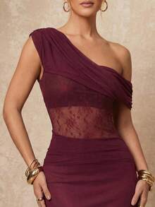 Lumalex 女士优雅纯色蕾丝拼接不对称领修身连衣裙 - 酒紅色 - 查看 5