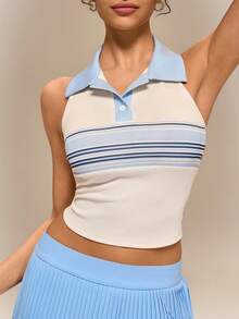 Hanevo Summer New Casual Elegant Beach Vacation Sports Exercise Polo Collar Sleeveless Short Women Top - Multicolor - View 6