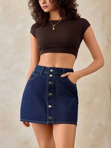 SHEIN :A-Line Raw Wash, Button Front, Dark Wash, Comfort, Denim Skirt - Dark Wash - View 7